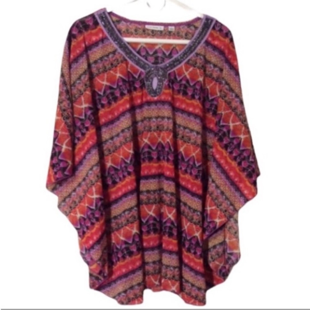 SUSAN GRAVER Colorful GEOMETRIC Southwest Print PONCHO Top Size LARGE